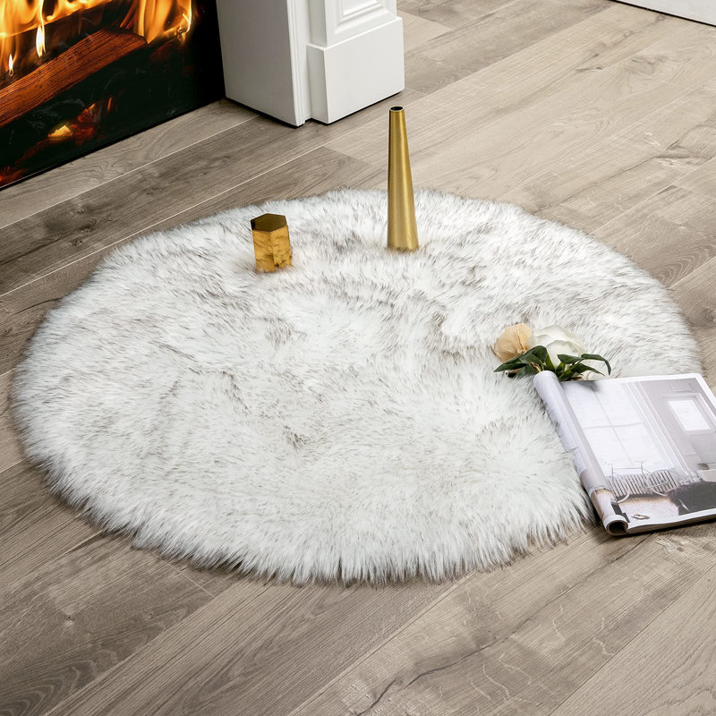White Shag Faux Sheepskin Fluffy Fur Washable Area Rug with Gray Tip, Round 3'