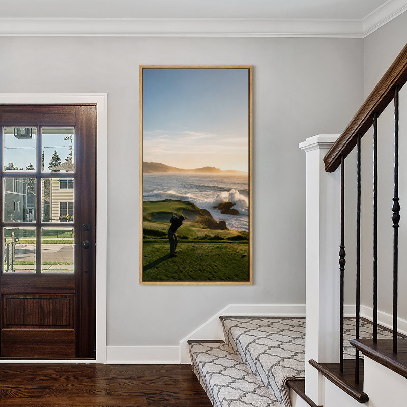 «Coastal Golf Course Sunset Ocean View Sports Lifestyle», impression sur toile encadrée, 60" H x 20" W x 1.5" D, Black