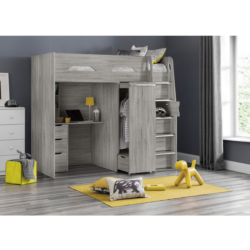 Lilianna Single (3') 4 Drawer Bed Frames High Sleeper Loft Bed with Built-in-Desk, Grey Oak