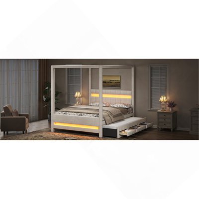 Grand lit plateforme à baldaquin tapissier avec lumières DEL, lit gigogne simple et 3 tiroirs de rangement, beige