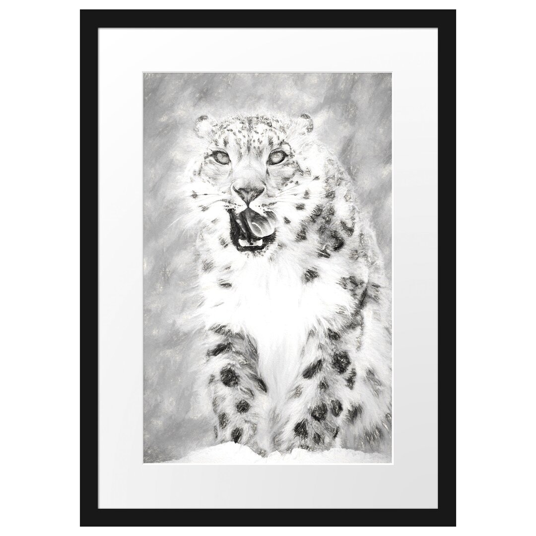 Gerahmtes Papierbild Leopard im Schnee