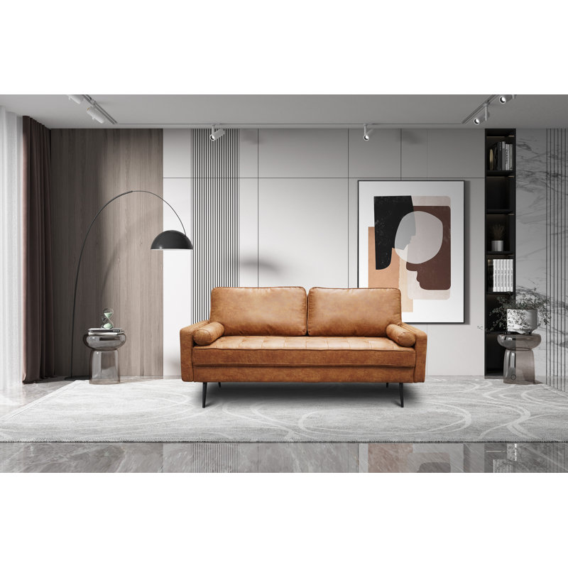 Arkeria 70" High-End Bronzed Fabric Square Arm Metal Leg Sofa With Round Pillow, Black