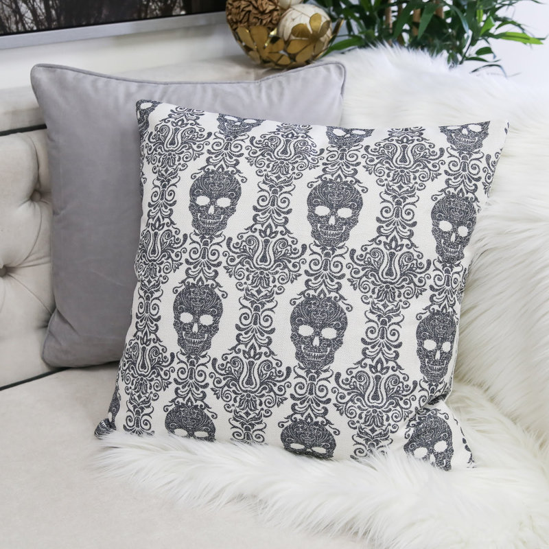 Coussin Gothic Damask Skull - Lin en coton noir et blanc