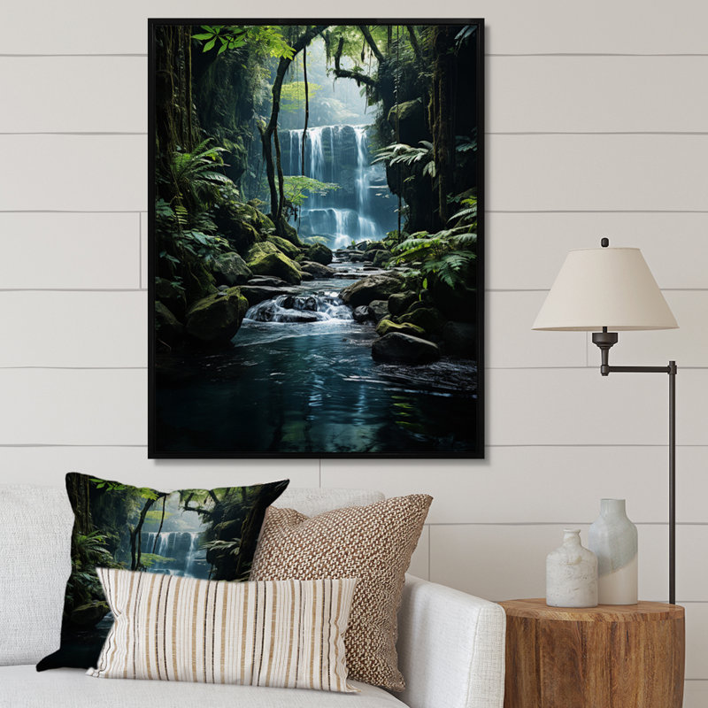 «Waterfall Hidden Oasis I», art mural sur toile, H 20 po x l 12 po x P 1 po, Cadre flottant noir