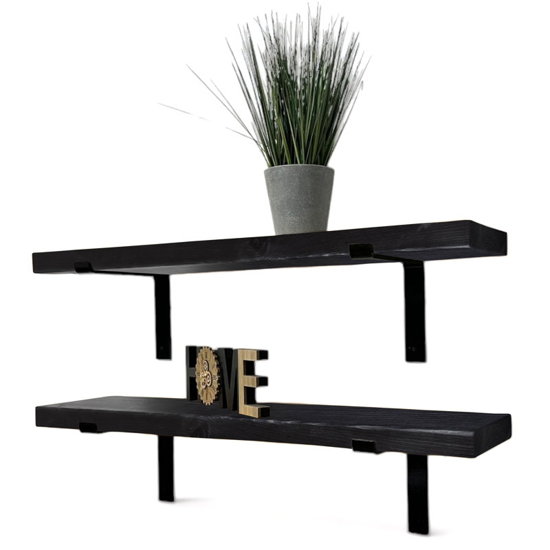 Lemieux Handcrafted Rustic Wooden Wall-Mounted Floating Shelves with Black L Brackets, 4.5cm H x 60cm W x 22cm D, Black
