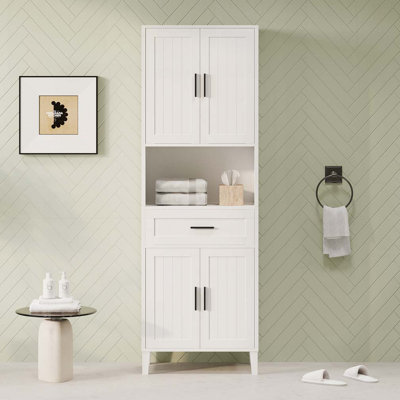 Freestanding Tall Bathroom Cabinet with a Drawer, 2 Cabinets, 4 Soft-Close Doors, 2 Adjustable Shelves, Open Storage