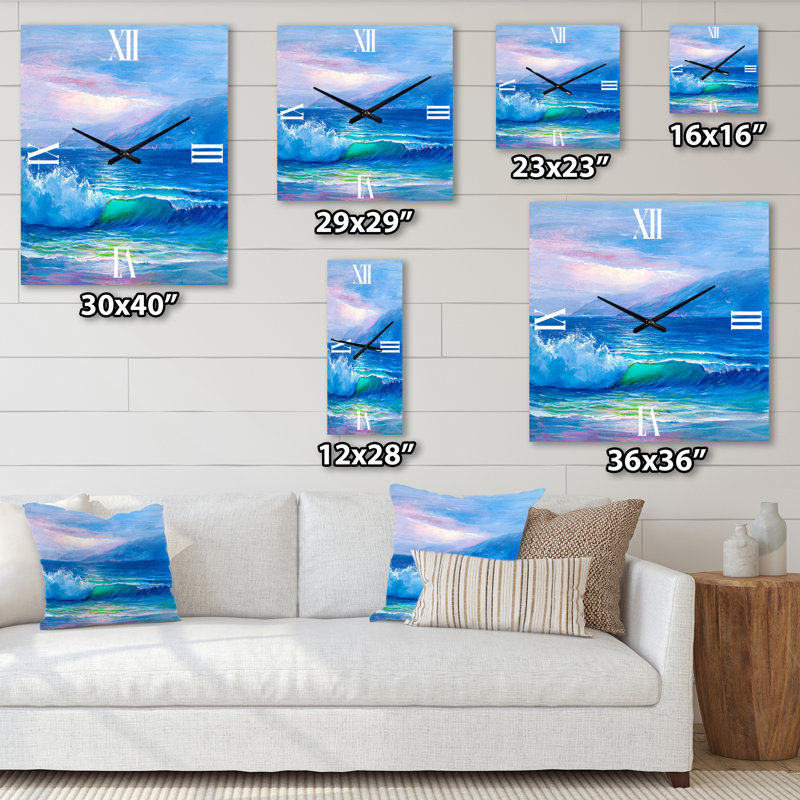 Vagues bleues se brisant à la plage II - Horloge murale nautique et côtière, Petit