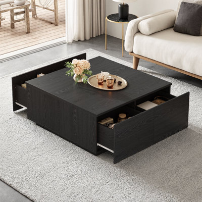 33.25" Square Coffee Table with 4 Drawers, Modern Wood Center Table with Ample Storage, Walnut Finish Living Room Furniture, Sturdy MDF Construction, Minimalist Accent Table