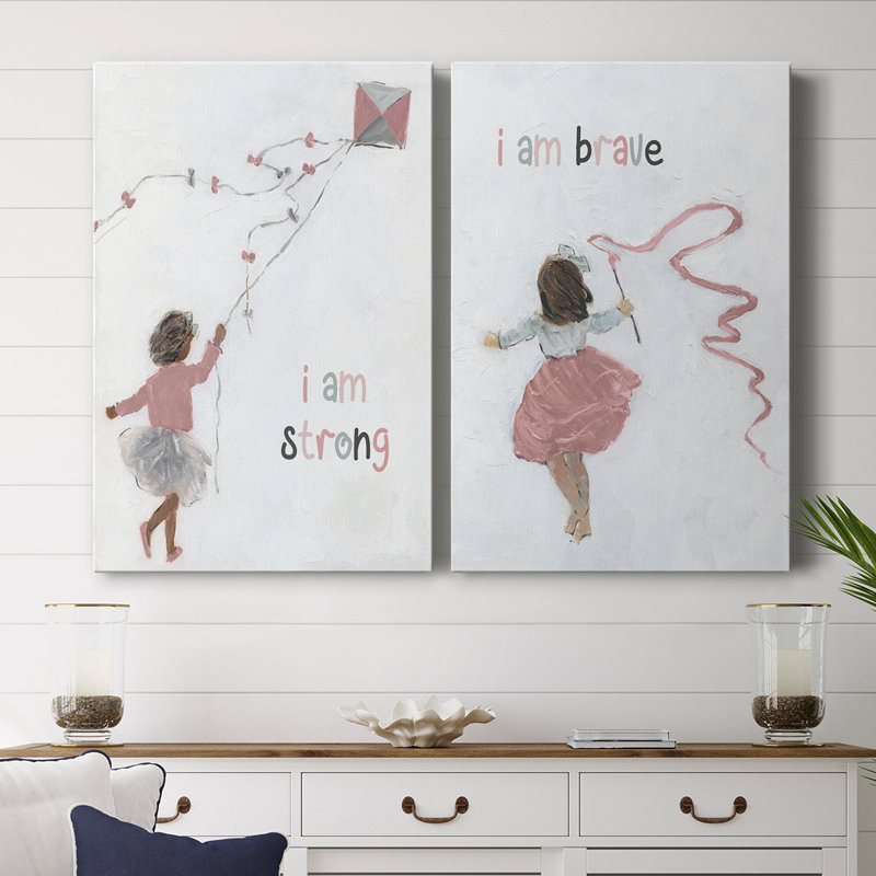 «Girl Flying Kite» - Toile tendue avec châssis de qualité supérieure - Prêt à être accroché