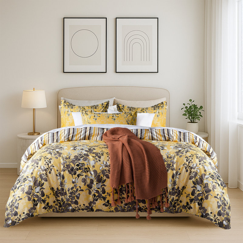 Haffa Microfiber Duvet Cover Set with Pillowcases, Ochre Blossom, Single Duvet Cover + 1 Standard Pillowcase