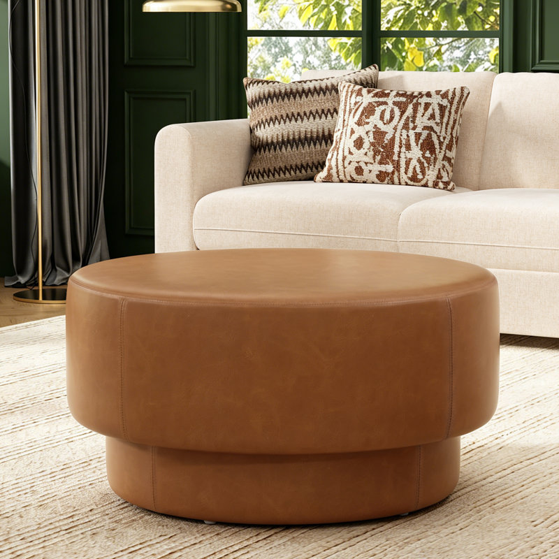 Table basse ronde ottomane de 84 cm (33 pouces), pouf double niveau au design moderne, repose-pieds rembourré en similicuir marron