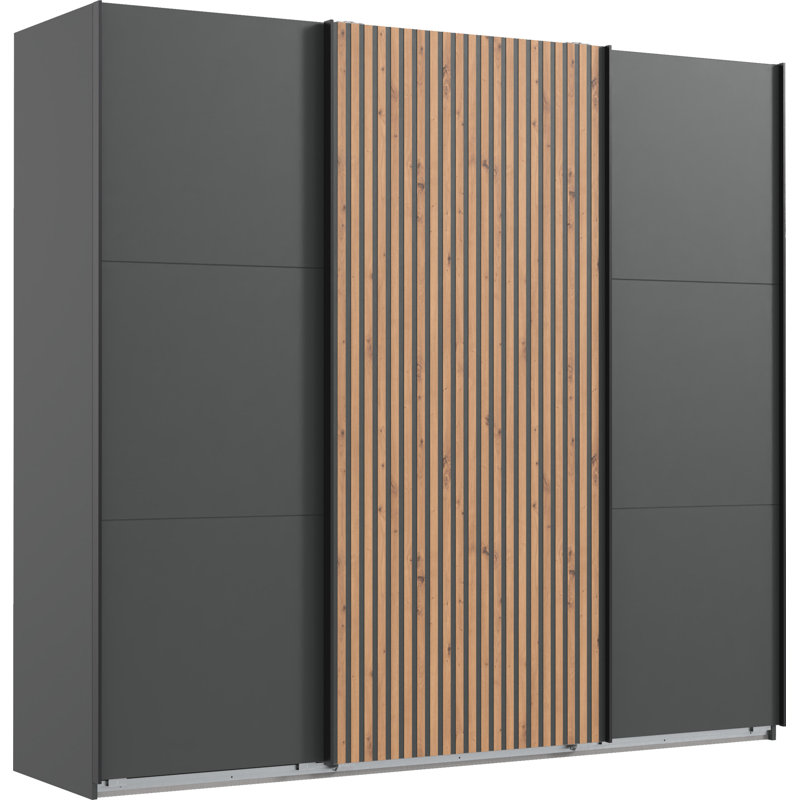 Lyliann 3 Door Manufactured Wood Wardrobe, 216cm H x 250cm W x 65cm D, Graphite / ABS artisan oak