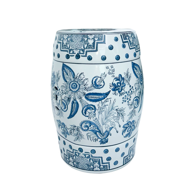 Tabouret circulaire en céramique à motif floral, Bleu