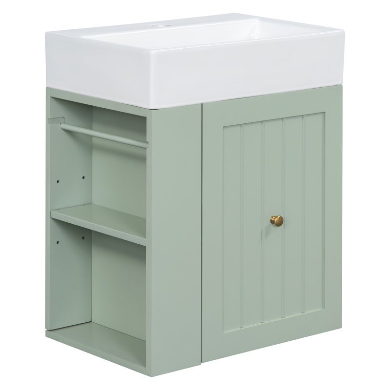Meuble-lavabo mural moderne de 20 pouces avec lavabo en céramique et armoire en MDF Meadowen avec poignée dorée élégante.