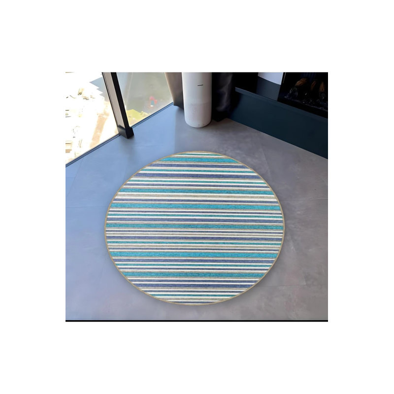Blue Green Line Detailed Woven Base Modern Decorative Carpet, Round 3'4"