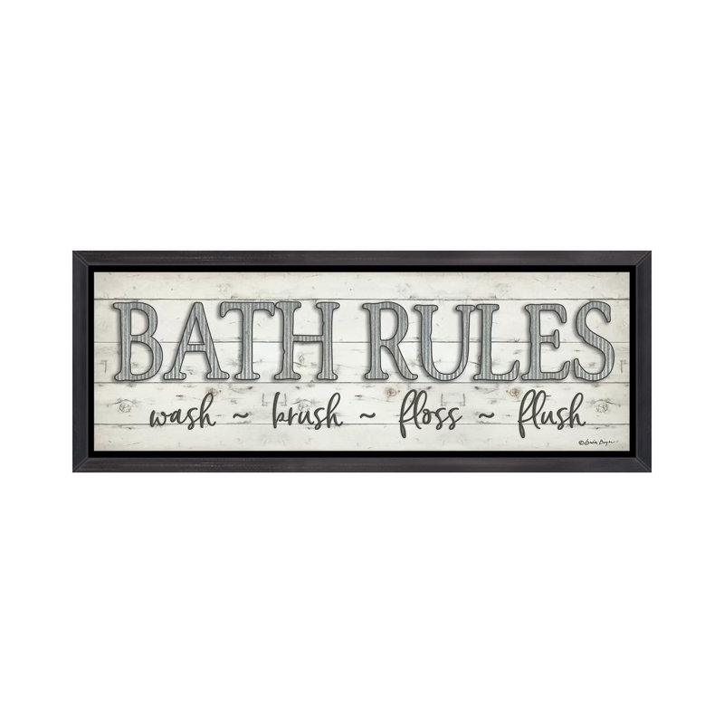 " Bath Rules " by Susie Boyer, 20" H x 60" W x 1.5" D, Distressed Black Floater Framed