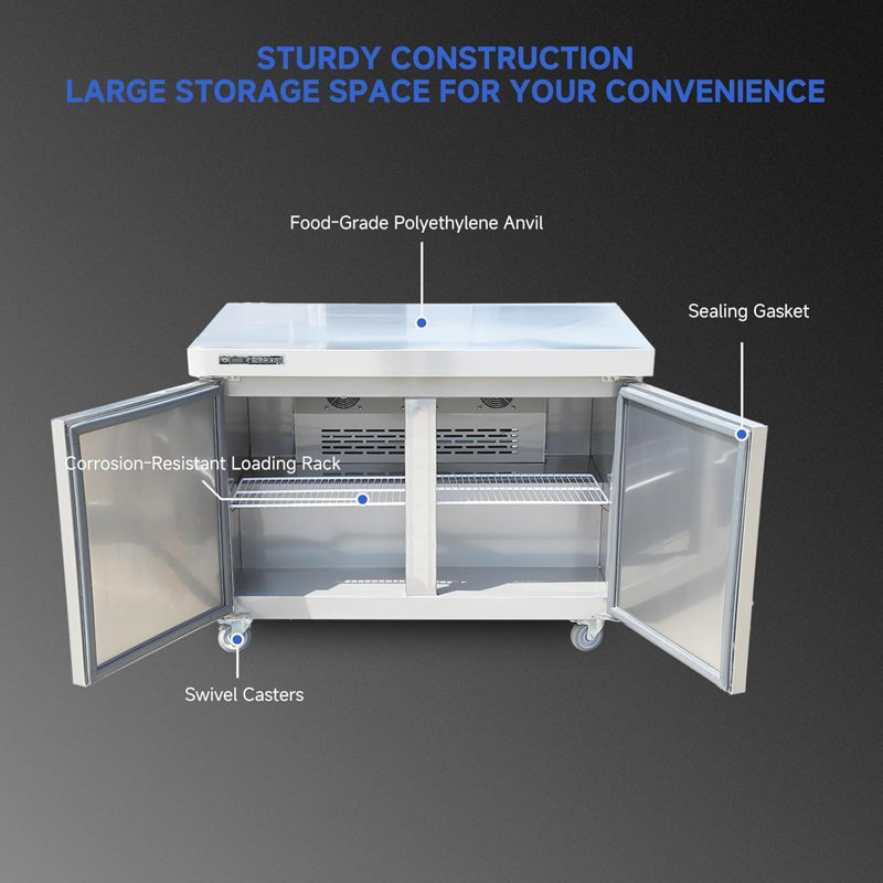 Réfrigérateur commercial, réfrigérateur de plan de travail sous le comptoir de 48 po, station de préparation pour salade de sandwiches en acier inoxydable à double porte de 12,85 pieds cubes avec planche à découper, 12 plaques