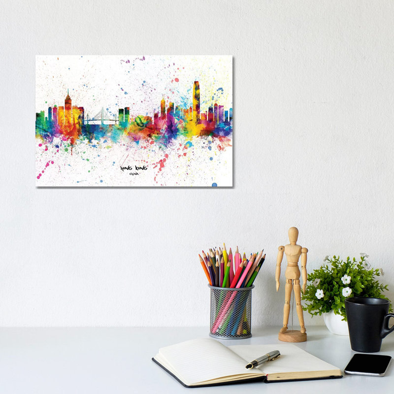 Hong Kong China Skyline Splash by Michael Tompsett - Wrapped Canvas Print, 20.32 cm H x 30.48 cm W