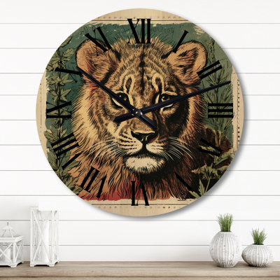 Portrait Of A Wild Lion Retro Illustration II - Animals Lion Oversized Wood Wall Clock
