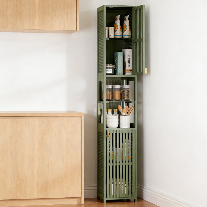 Forest Green 70" Tall Slim Bamboo Storage Cabinet With Rattan Door