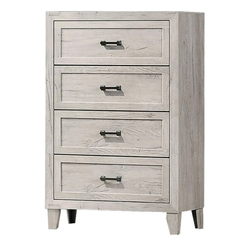 Commode haute Miot, 4 tiroirs avec poignées en métal, bois blanchi