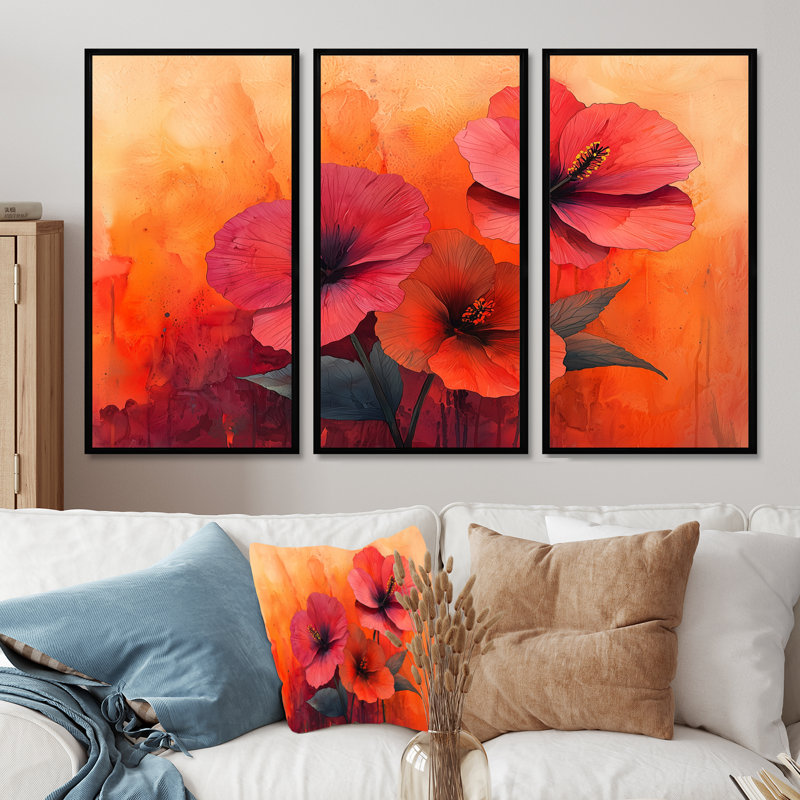 Hibiscus Vivid Hues liquide Harmony II - art mural d'hibiscus pour le salon - ensemble de 3, H 28 po x l 36 po, Noir