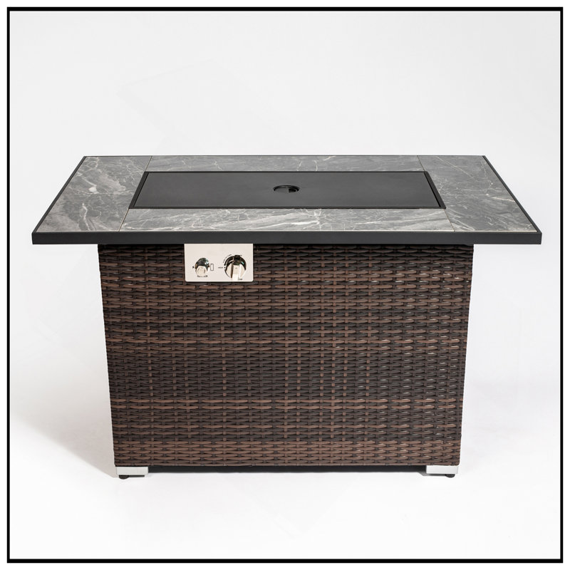 44" Propane Gas Fire Pit Table, 50000 BTU Rectangular Fire Pit, Tile Tabletop With Beautiful Wicker Base For Outside Patio Deck Garden Courtyard-Brown