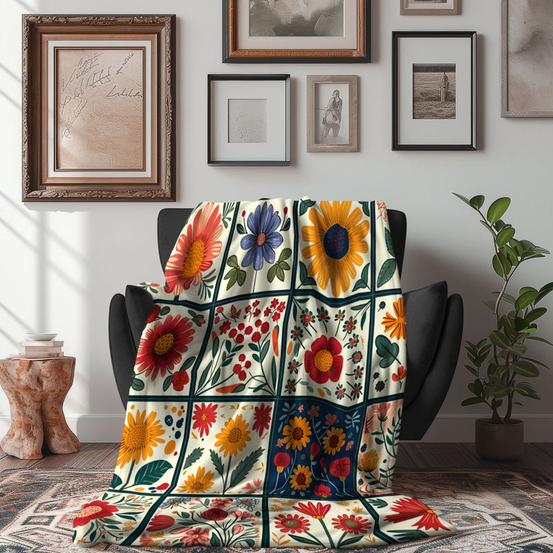 Jeté Floral Fusion Patchwork - 1 pièce Sherpa B Premium, Lit simple