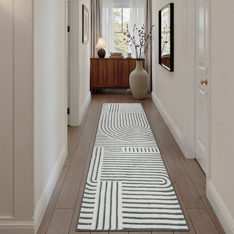 Tapis géométrique moderne pour le salon Rove, Noir, Tapis de couloir 2 pi x 8 pi