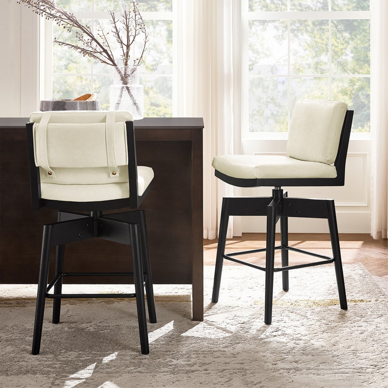 Tabouret de bar rotatif en simili cuir Lafrance avec coussin de dossier amovible et pieds en bois massif (ensemble de 2)
