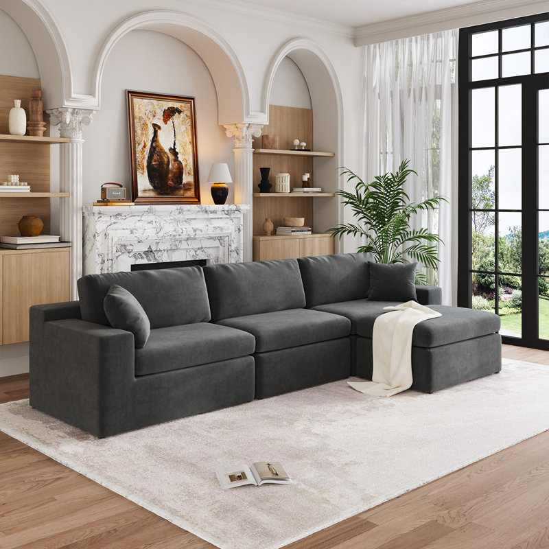 108" L-Shaped Cloud Modular Sectional Sofa For Living Room, Deep 3-Seat Couch With Ottoman, Gray, Gray Linen Blend