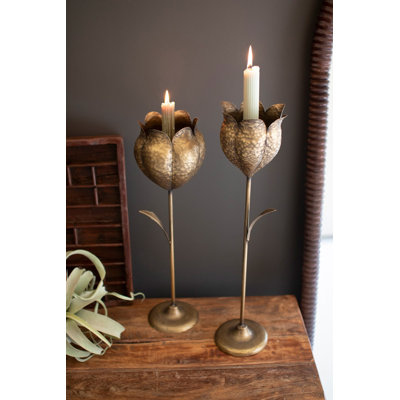 Set of 2 Antique Brass Tulip Taper Candle Holders 20.5" H Decorative Accent