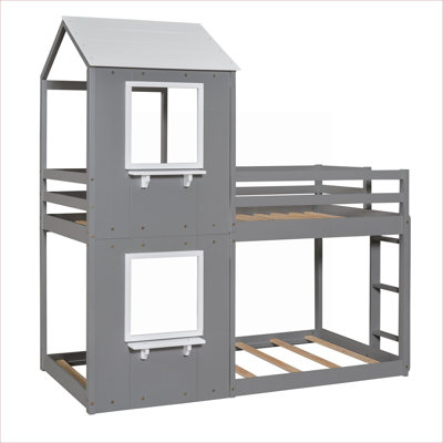 Solid Wood Twin Over Twin Platform Bunk Bed, Compact Playhouse Design with Safety Guardrail and Ladder, Neutral Gray