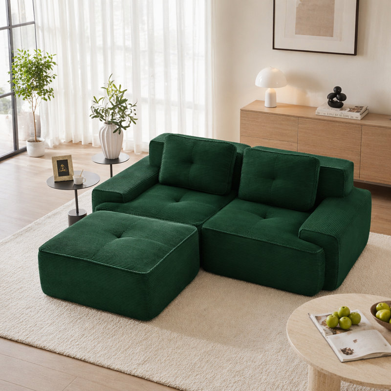 Canapé moderne en velours côtelé, Vert - 2 sièges + 1 fauteuil
