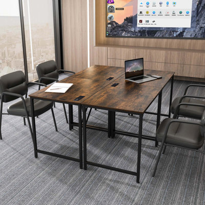Meeting Room Desk Set Of 4 With Charging Station & Headphone Hook Metal Frame Brown by 17 Stories
