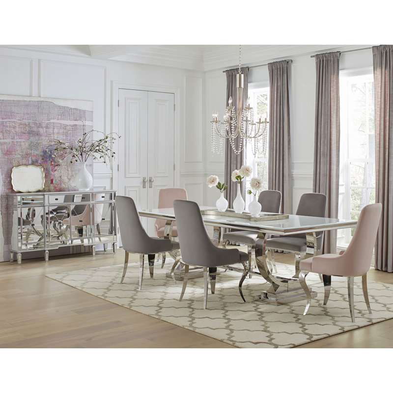 Kemia 7 - Piece Trestle Dining Set, White, Pink/Gray, 39.5"H x 21.6"W x 24.9"D