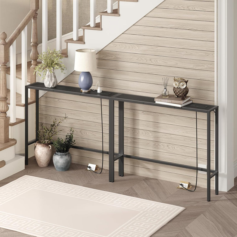Narrow Console Table With Charging Station - Slim Sofa Table For Small Spaces, Built-In Power Outlets, Sturdy Engineered Wood & Metal Frame, Multi-Functional Entryway Table For Living Room, Hallway, Office