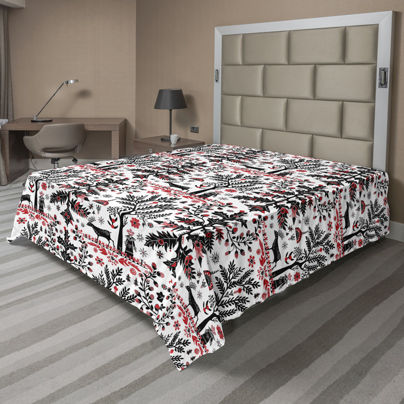 Drap plat moderne de style bohème Ambesonne, Drap plat grand, Corail foncé / noir / motif floral blanc