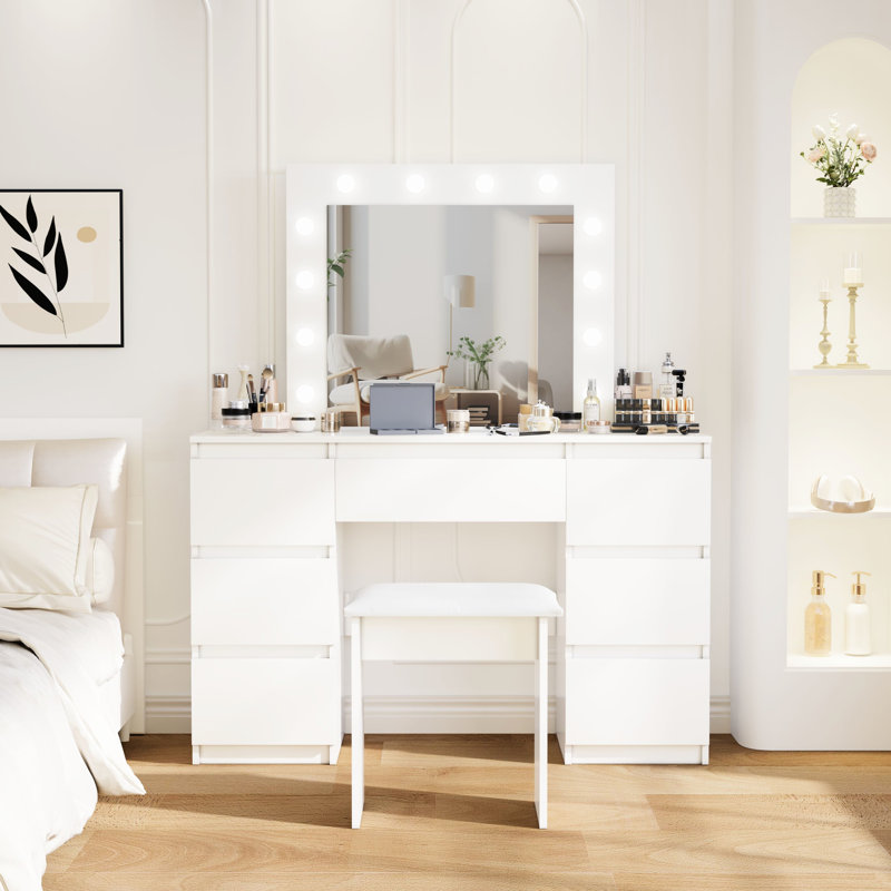 Large Vanity Table With Mirror And 3-Color - Ample Storage Options, Construction, Contemporary Bedroom Accessory White Adjustable Lighting, Abundant Space For Furniture
