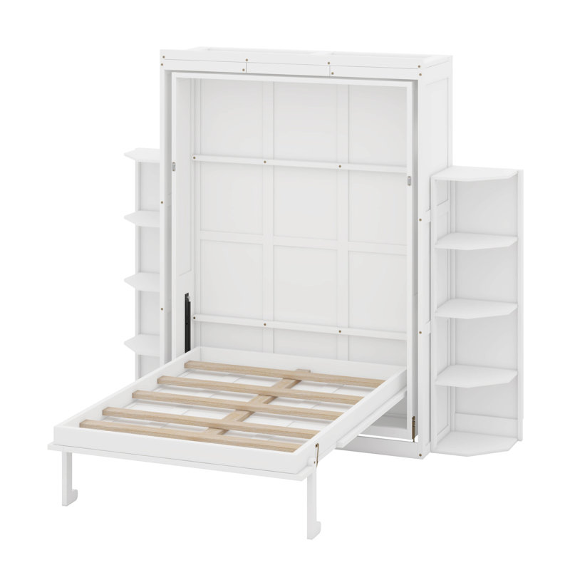 Grand lit escamotable avec armoire murale dissimulée, 2 tablettes latérales à 3 niveaux, bureau convertible, support de rangement supplémentaire