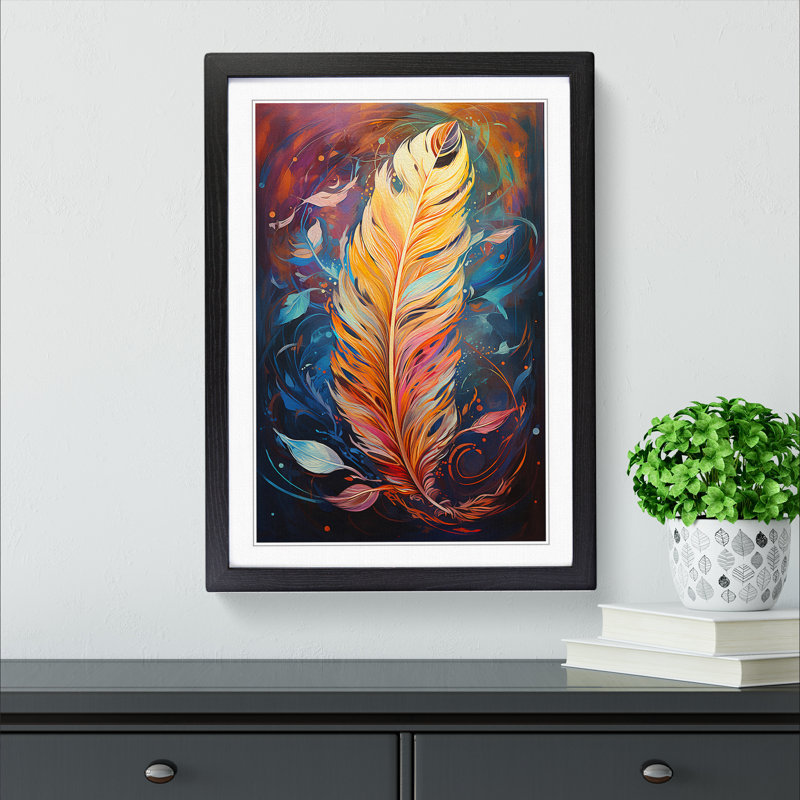 Feather Futurism - Single Picture Frame Print on Wood, 64cm H x 46cm W x 2cm D, Black