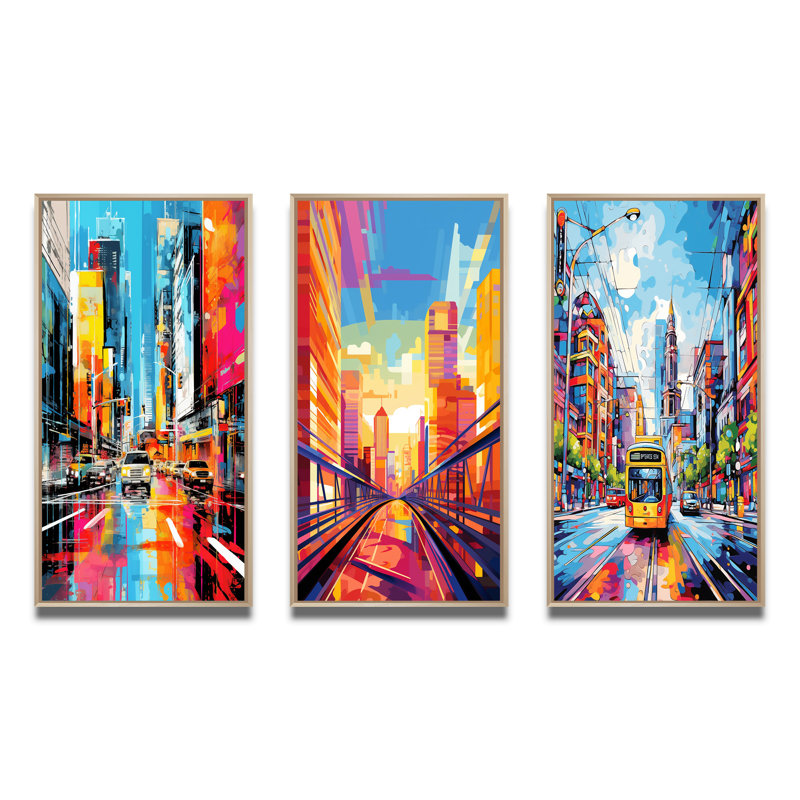 «City Berlin Popart», 3 pièces sur toile, Encadré naturel, H 20 po x l 36 po