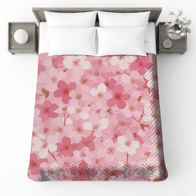 Couvre-lit matelassé fleurs de cerisier rose toutes tailles, Très grand lit
