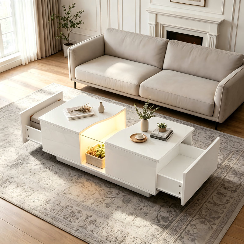 High Gloss Coffee Table With RGB LED Lights and Dual Storage Drawers For Living Room, White