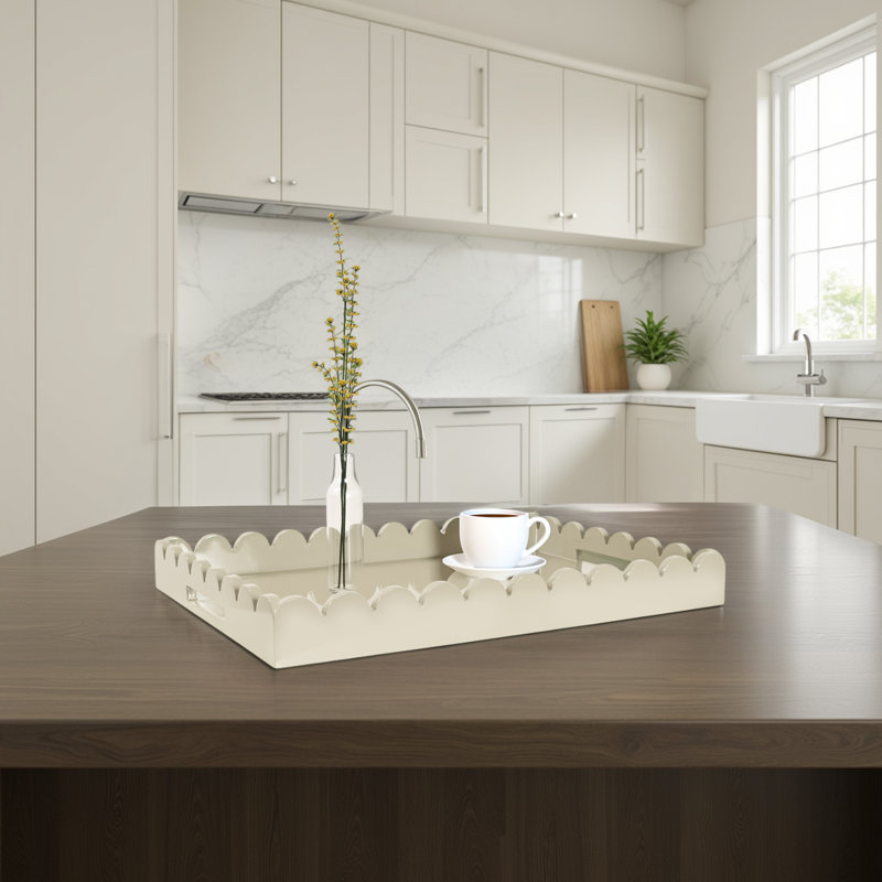 Hindley Hand-Crafted Rectangular Scalloped Wood Tray, Gray