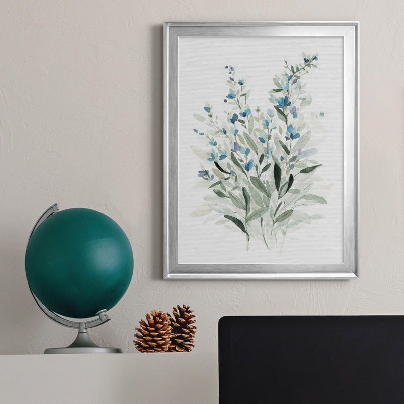 «Delicate Blue Botanical I», peinture sur toile encadrée, H 22,5 po x l 30,5 po x P 1,5 po, Cadre argenté