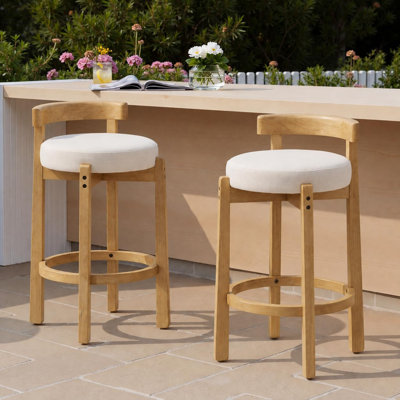 Ensemble de 2 tabourets de bar à hauteur de comptoir, chaises d'îlot de cuisine en lin beige et bois naturel avec dossier incurvé, tabourets rembourrés pour la salle à manger