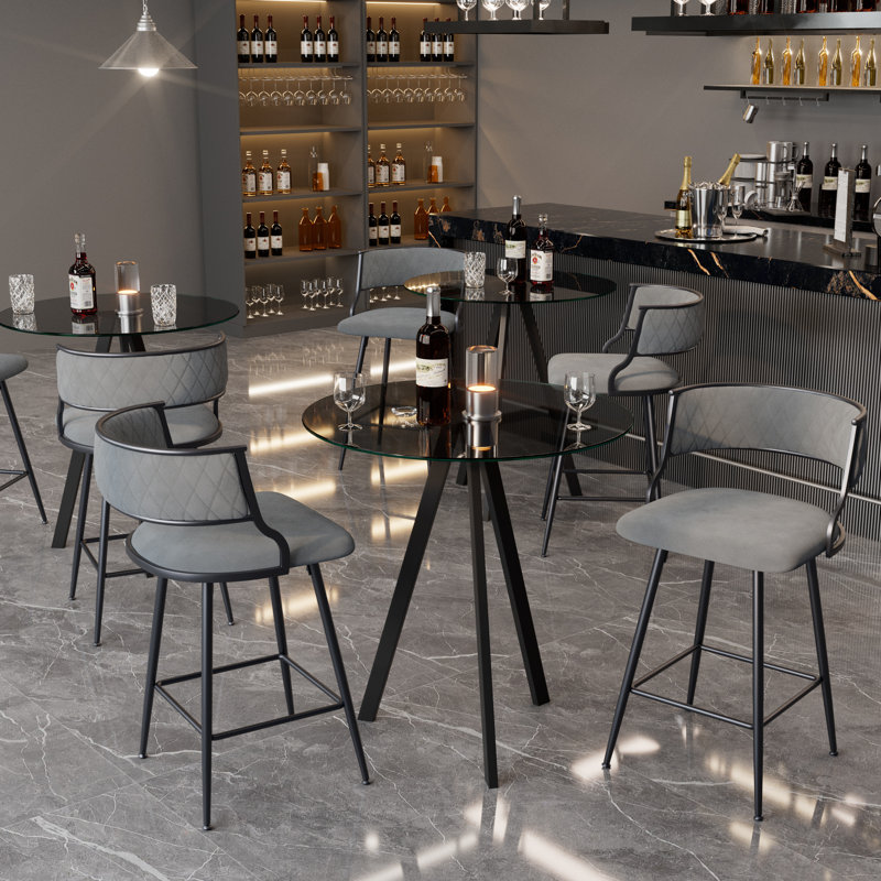 Bar Height Set, Tempered Glass Round Dining Table And Height Bar Stools, Gray, 5