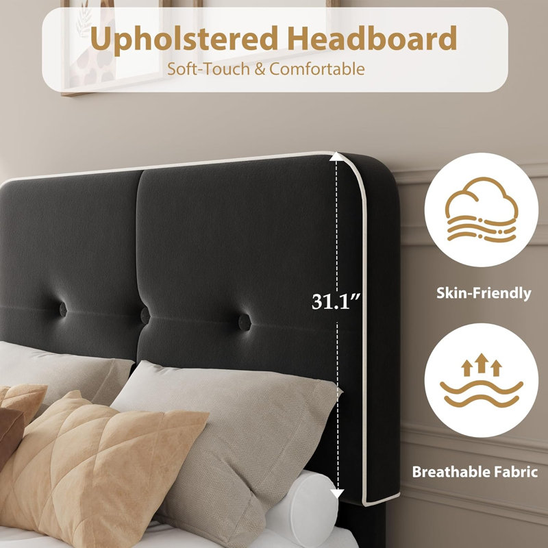 Lit plateforme tapissier en velours, cadre de lit avec tête de lit réglable, lattes de bois, support en métal, Lit simple