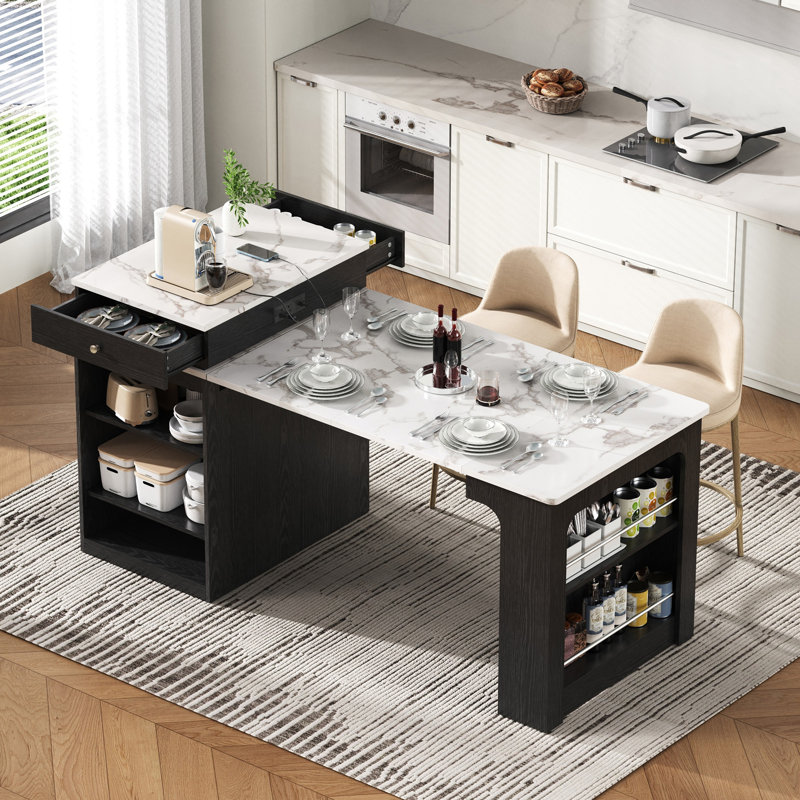 59.5" Kitchen Island With Extendable Dining Table - Double-sided Storage, 2 Drawers, Power Outlet & Side Open Shelves, Black - Kitchen Dining Room Furniture
